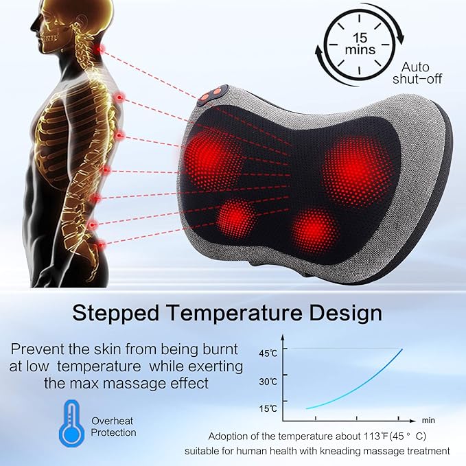 Back and Neck Massager with Heat, Deep Tissue Kneading, Electric Massage Pillow for Back, Shoulders, Legs, Foot, Body Muscle Pain Relief, Use at Home, Car, Office